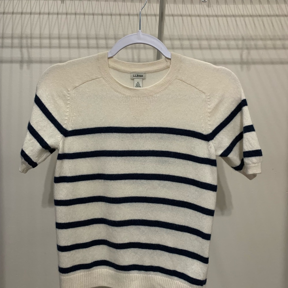 L.L. Bean Women’s Classic Cashmere Cream & Navy Striped Sweater